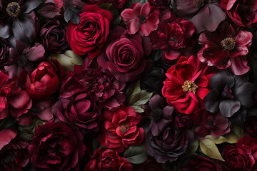 Wallpaper of burgundy and maroon roses and peonies, dark moody colors, dark fantasy, lush floral background, © ALL YOU NEED studio