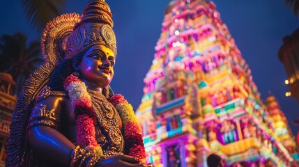 Colorful hindu temple statue at night