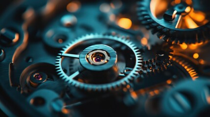Close-up of a Complex Mechanical Gear System with a Teal and Orange Color Palette