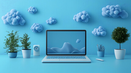 Fototapeta premium laptop with a blue mountain and cloud wallpaper sits on a blue desk surrounded by blue clouds green plants a clock and a pencil holder