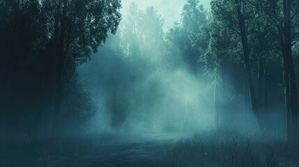 Misty forest background with eerie fog