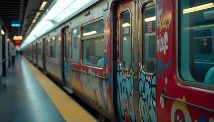 Exterior train painted with graffiti outside