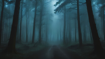 Misty Blue Forest Path: Scenic, Mysterious and Tranquil Woods Landscape