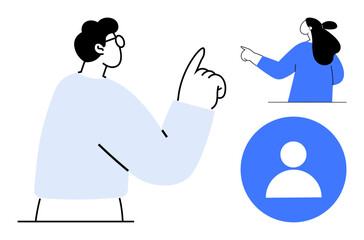 Two figures are seen pointing one is raising a finger and another is pointing sideways. A user profile icon is visible. Ideal for user interface, social media profiles, communication, teamwork