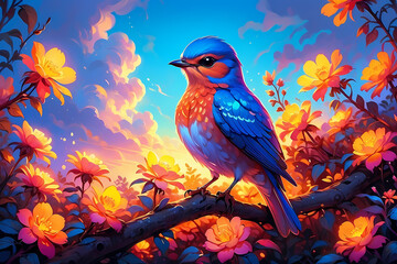 Vibrant Bluebird in Blooming Landscape: Colorful Floral Illustration at Sunrise