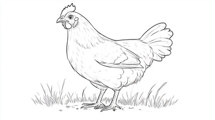 Obraz premium Line Drawing of a Hen Standing in a Field of Grass. AI Generated