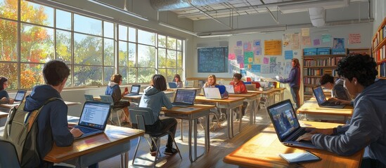 Obraz premium students studying in a modern classroom with laptops