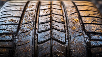 Close-Up of Tire Tread Pattern Showing Wear and Damage