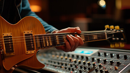 Fototapeta premium Close-up of Hand Playing Chords on Electric Guitar