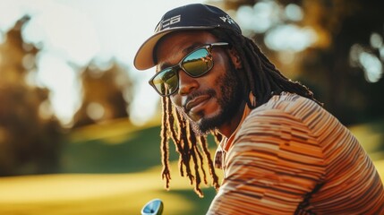 Portrait of a man in sunglasses on a golf course