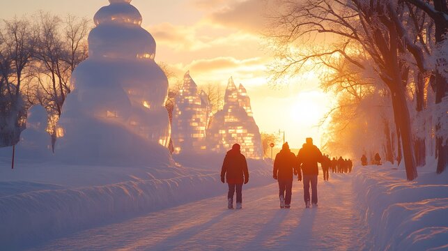 People attending the lively Winterlude festival in January, enjoying outdoor activities and ice sculptures, festive winter event