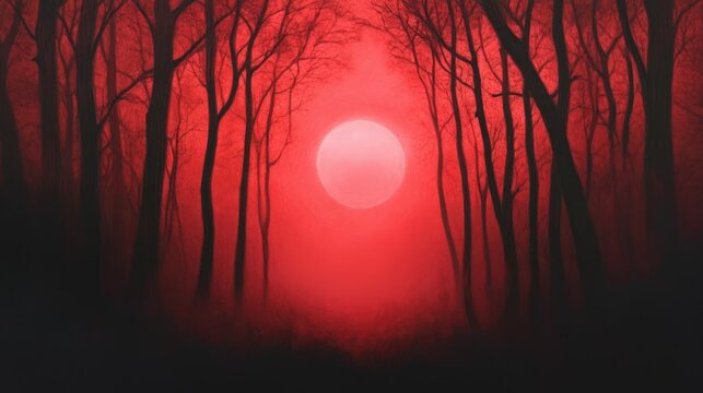 Eerie red forest path at night
