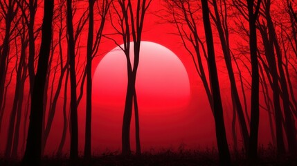 Haunting red sunset in a dark forest