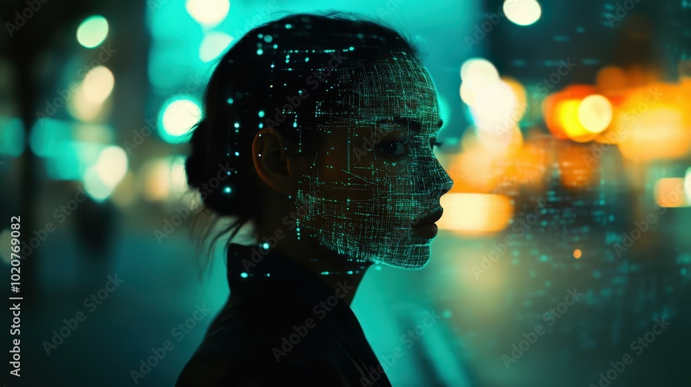 Poster futuristic digital face with glowing circuit patterns