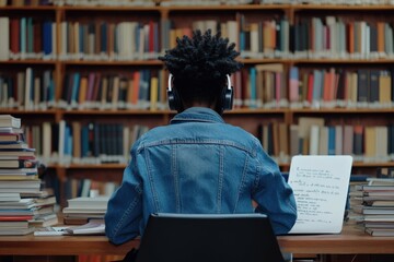 student studying in library with headphones