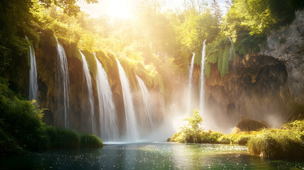 Exotic Waterfall and Lake Landscape of Plitvice Lakes National Park: A stunning view of the waterfalls and lakes in Plitvice Lakes National Park, Croatia, known for its cascading waters and lush 