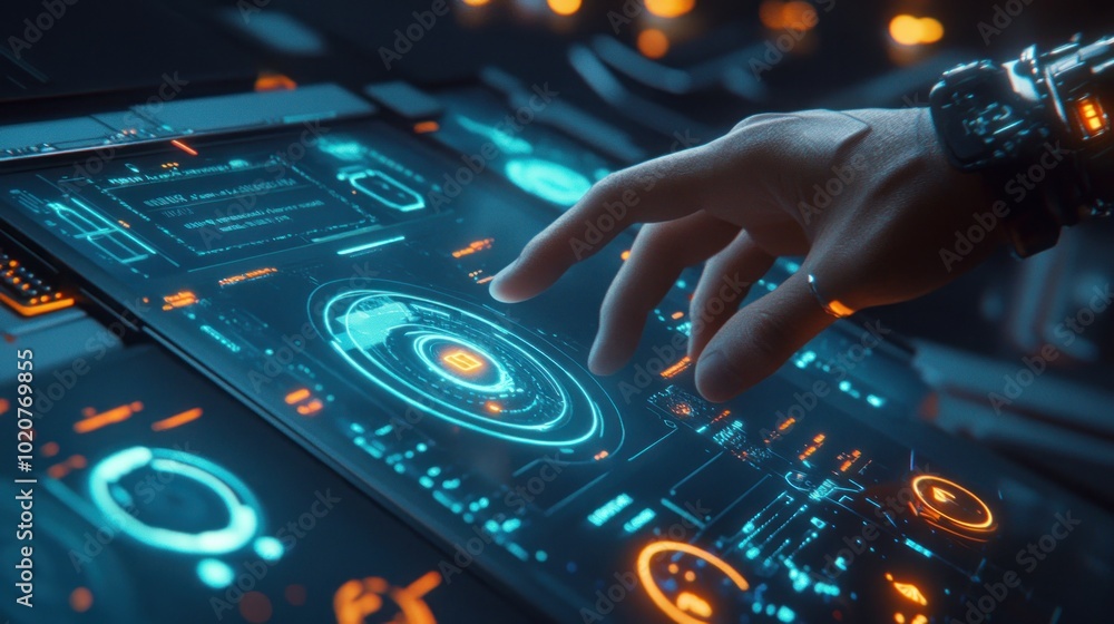 Poster futuristic interface with hand interacting with glowing buttons