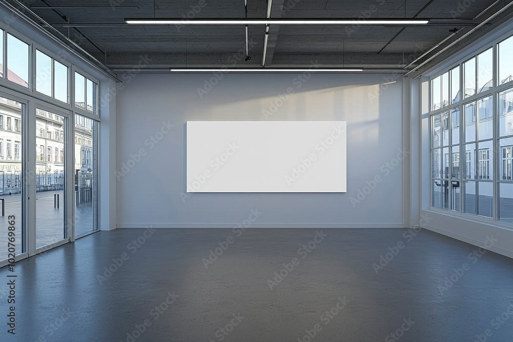Poster empty gallery room with blank canvas and windows
