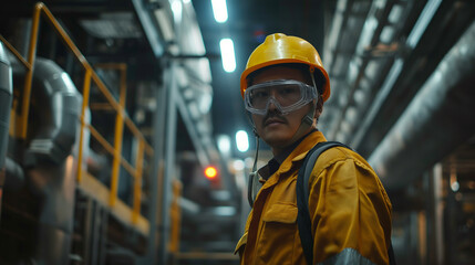 portrait of an engineer wearing safety gear working in a power plant, industry worker 