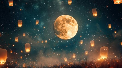 Magical night sky with glowing lanterns and full moon