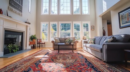 A large living room with a fireplace, two couches, a coffee table and a patterned rug.