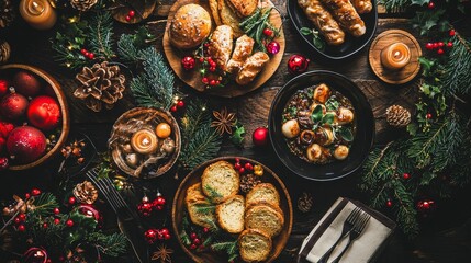 Fototapeta premium Festive Christmas dinner table with bread, rolls, and ornaments