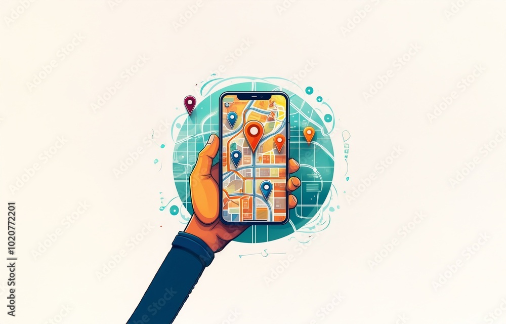 Aufkleber a hand holds a smartphone displaying a map with multiple location pins.