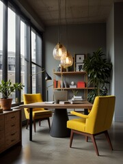 A modern working space with a marble table and yellow chairs