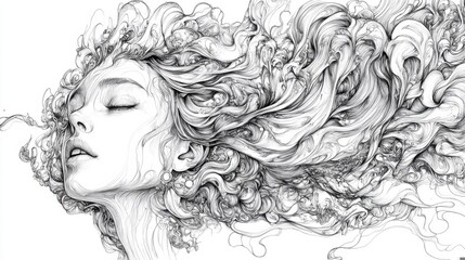 Fototapeta premium Captivating Black and White Illustration of a Woman with Flowing Hair and Emotional Depth