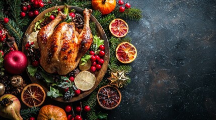 Fototapeta premium Holiday roasted turkey with dried oranges and festive decorations