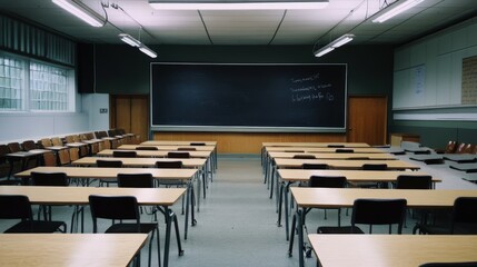 empty classroom with blackboard and desks