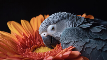 Obraz premium African Grey Parrot with vibrant orange petals