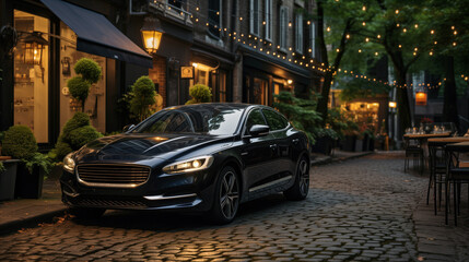 Fototapeta premium A car parked in a cobblestone street next to an outdoor restaurant with string lights.