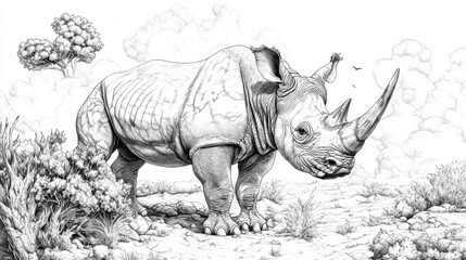 Fototapeta premium Monochrome Drawing of a Majestic Rhino in Its Natural Habitat