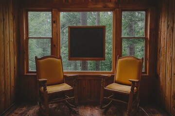 Fototapeta premium Two Rocking Chairs Facing Each Other in a Cabin with a View of Trees