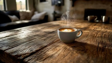 Steaming Cup of Latte with Latte Art on a Wooden Table