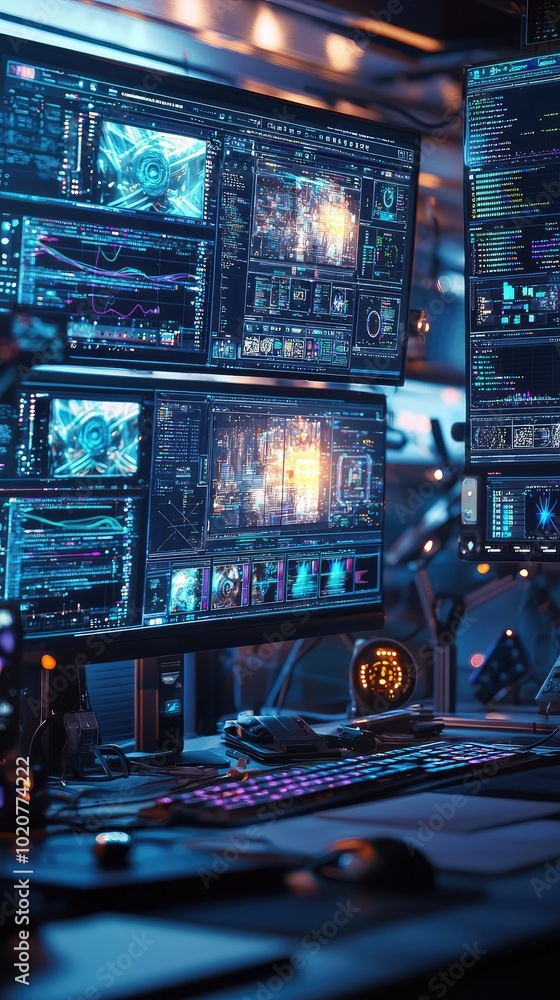 Poster modern workstation with multiple screens displaying vibrant data visualizations and technology eleme