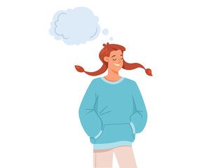 Woman Character Dreaming with Cumulus Cloud Imagining Vector Illustration
