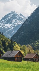 Scenic mountain landscape featuring charming wooden houses surrounded by lush greenery and snow-capped peaks under a blue sky.