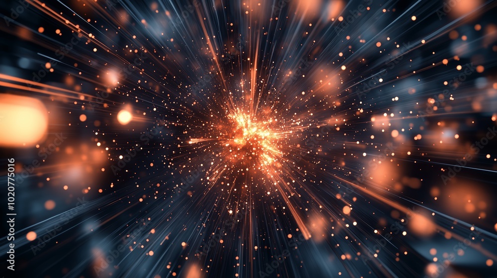 Poster dynamic explosion of light particles in a cosmic background showcasing vibrant colors and energy rad