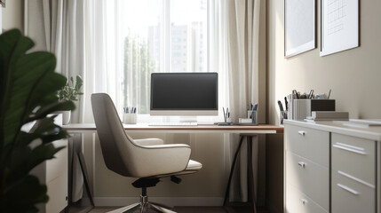 Cozy small office interior with minimalist design, sleek furniture, and smart use of space to maximize functionality