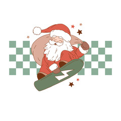 Retro Santa Claus on snowboard. Hand drawn vector illustration. Perfect for tee-shirt logo, greeting card, sticker, clip art or nursery decor. EPS10 vector file.
