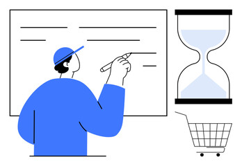 Shopping concept. Person writing on a board, an hourglass, and a shopping cart. Ideal for time management, online shopping efficiency, e-commerce, customer service, and productivity strategies. Flat