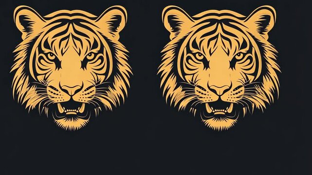 Two golden tiger heads face each other against a black background