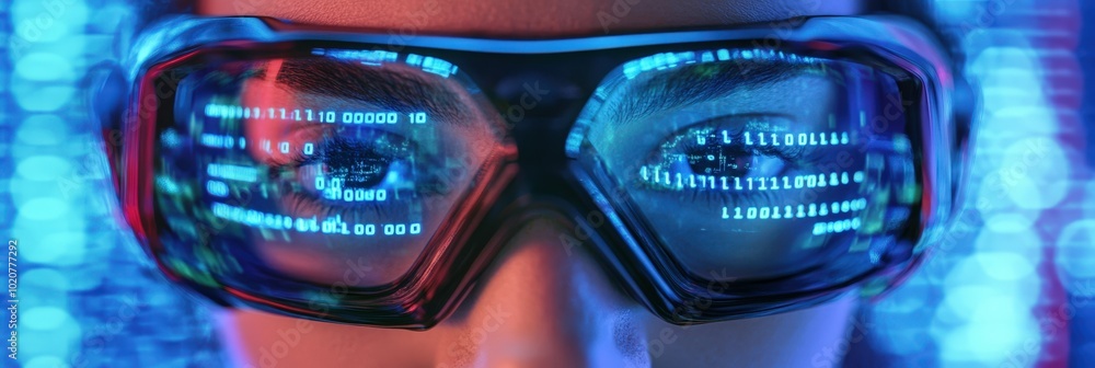 Poster futuristic virtual reality goggles with digital data display