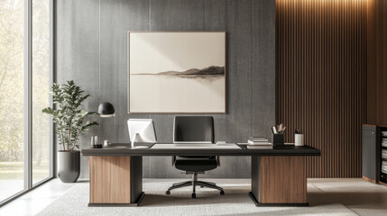 Elegant virtual office background with soft lighting, a clean desk, and minimalist wall art, creating a calm and productive environment