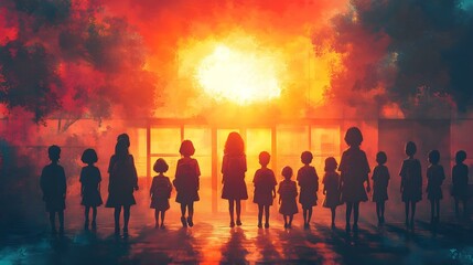 Fototapeta premium a group of childs standing in front of a fire