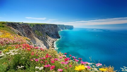 Fototapeta premium Cliffs & ocean with wildflowers