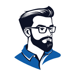 Logo, vector graphics of a cool guy with a beard and glasses in a blue shirt, simple design on a white background