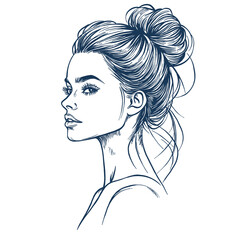 Vector illustration of an elegant woman with hair in a high braid, looking to the side, simple design, outline drawing, white background